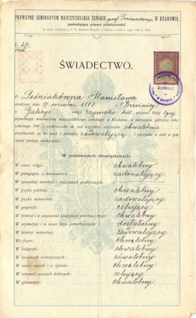 Świadectwo 2 kl. seminarium nauczycielskiego Stanisławy Leśniak