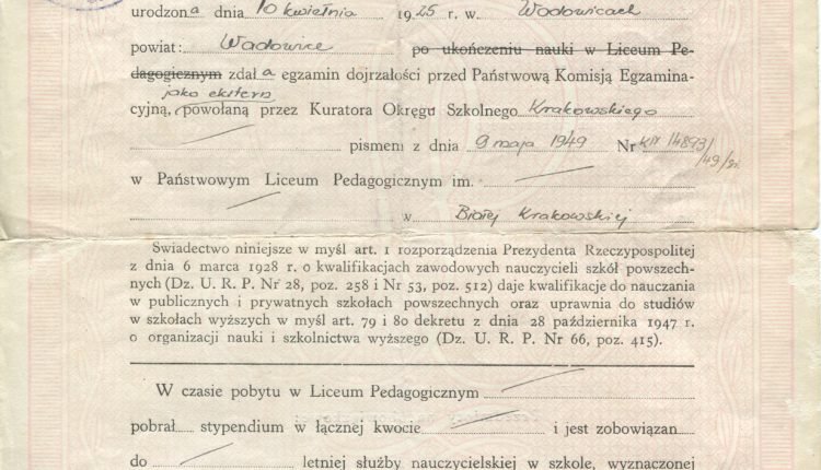 Świadectwo dojrzalości Liceum Pedagogicznego – str. 1