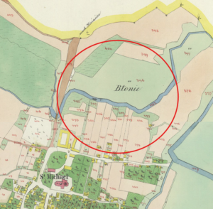 Przypuszczalna lokalizacja łąki Skałowskiej na mapie z 1854 r.